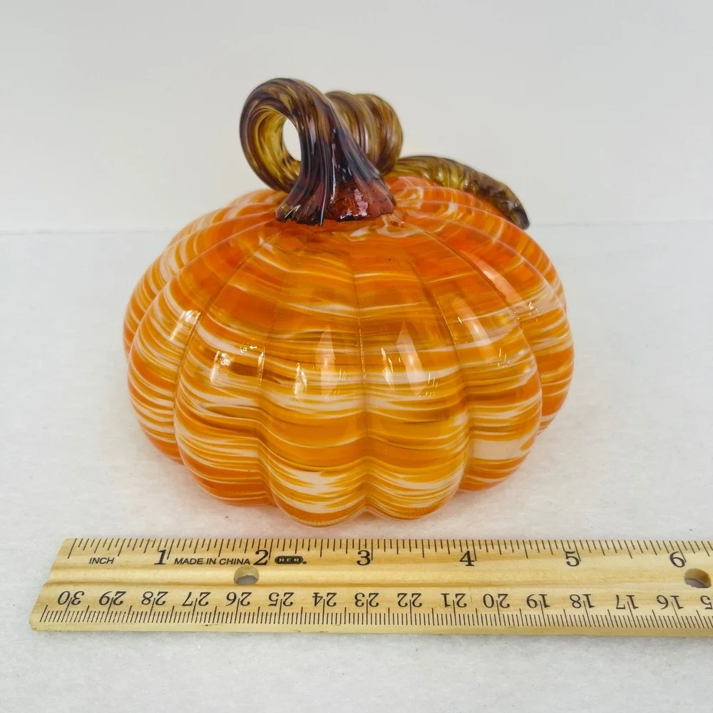 Hand Blown Glass Pumpkin Orange White Swirl Amber Curly Stem Fall Decor 5x4